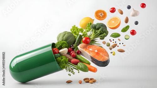 Nutritional Supplement | a green capsule pill bursting open with vibrant, fresh food ingredients flying out.