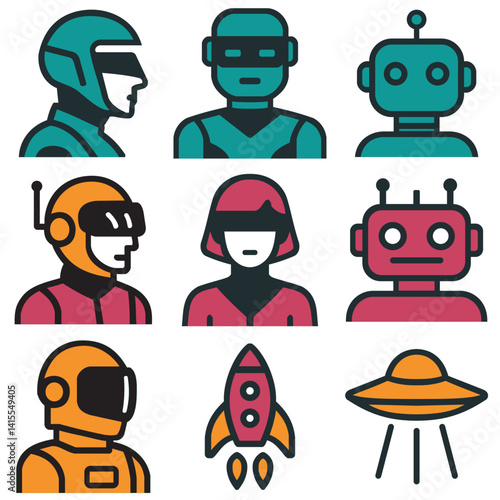 Space human and robot icons. Vector illustration.