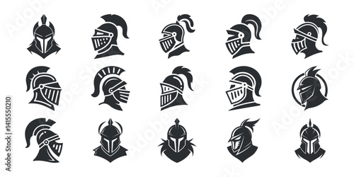 A set of knight head vector logo icons showing different helmet styles and armor designs in black silhouette