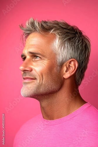 A poised man displaying elegance and charm. Classy men's short caesar haircut - midlife white man with blond hair. Pink solid background. Idea of style for aging men.