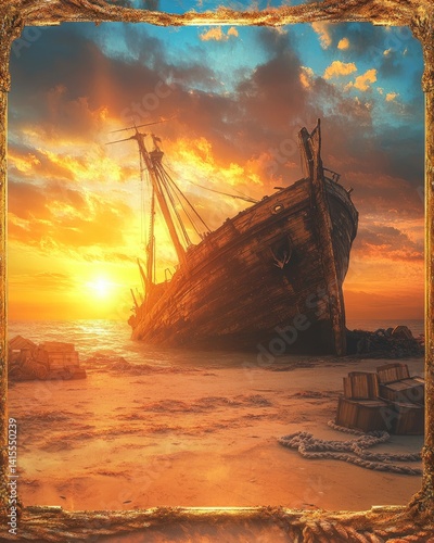 Shipwreck at Sunset on a Sandy Beach