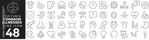 Common Illness Icon Set: A Line Icon Collection Featuring Cold, Flu, Fever, Headache, Cough, Sore Throat, Fatigue, and More