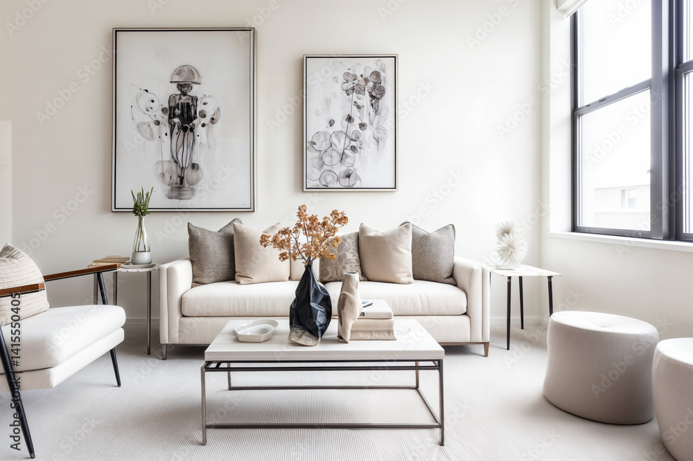 The image depicts a modern, minimalist living room with a white color scheme