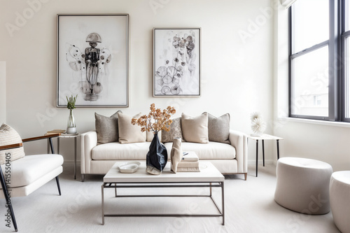 Obraz na płótnie The image depicts a modern, minimalist living room with a white color scheme w salonie