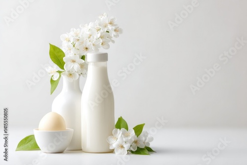 minimalistic setup with traditional dairy products fruits and flowers symbolizing shavuot arranged on simple white