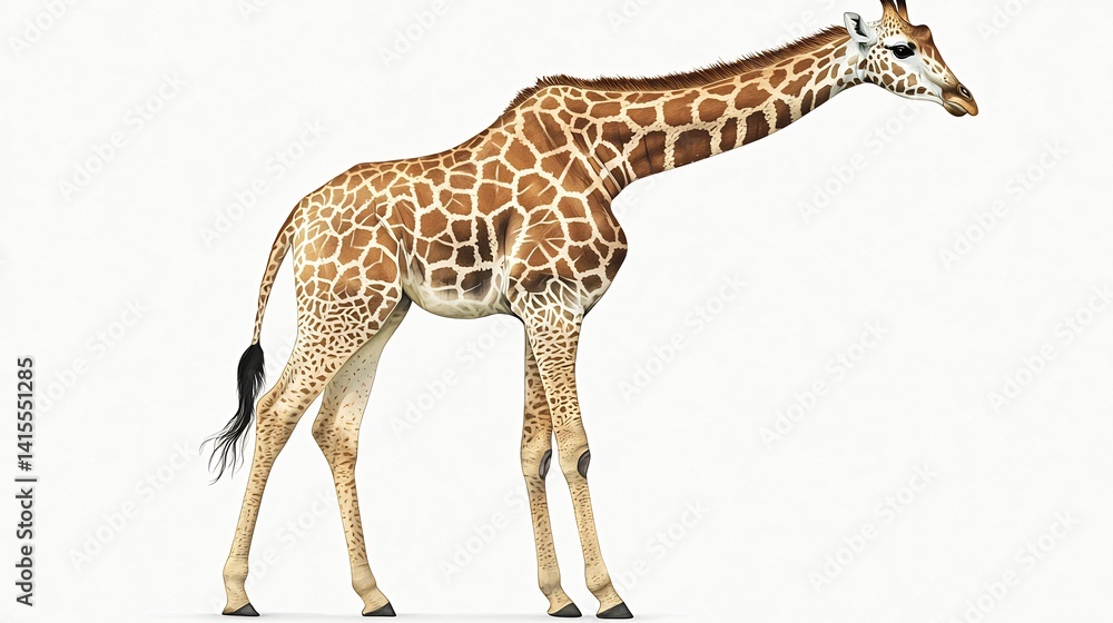 Fototapeta premium Giraffe isolated on a white background turning its head to the side with every spot meticulously detailed