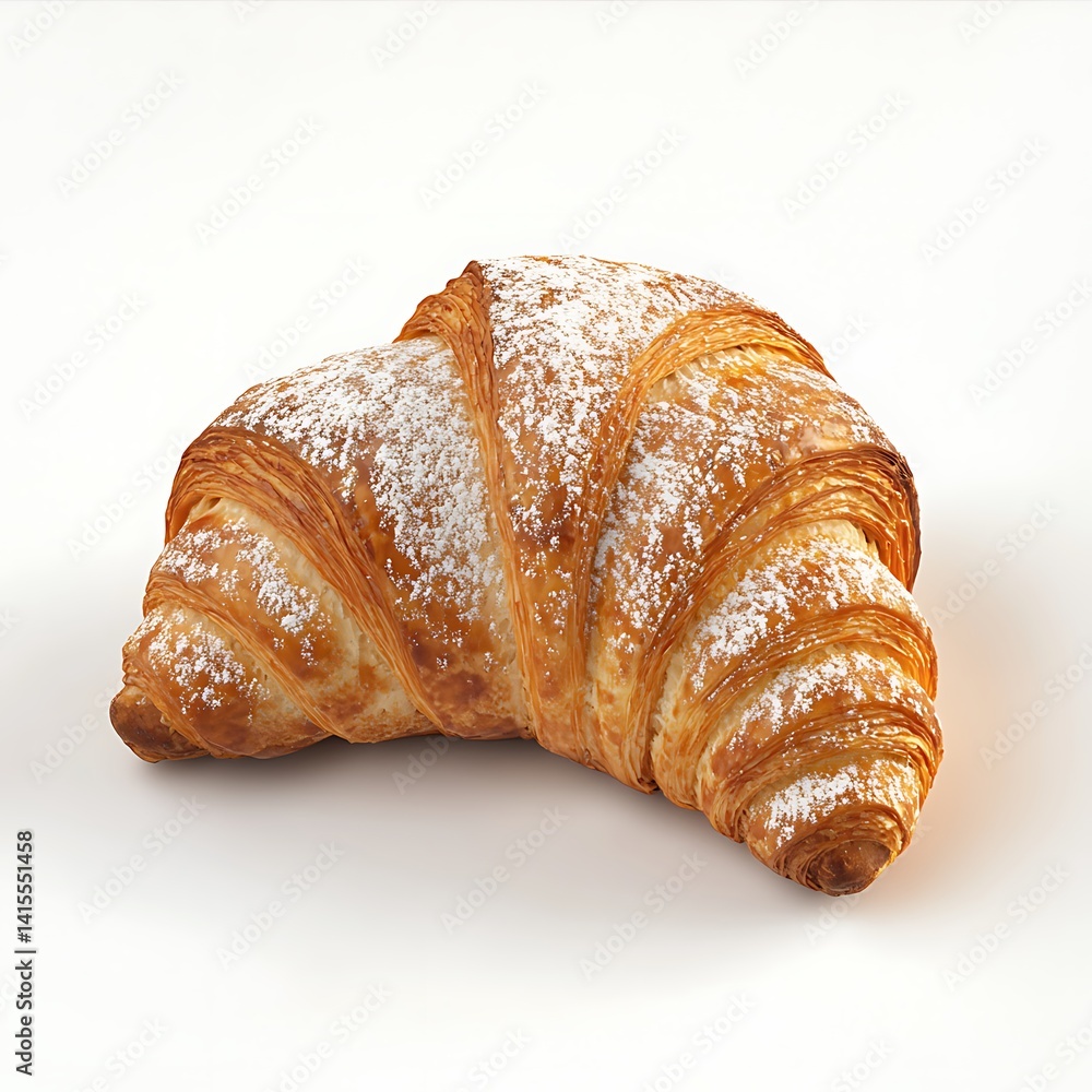 Golden Croissant Pastry Sprinkled with Powdered Sugar on a White Background Golden Croissant Pastry Sprinkled with Powdered Sugar on a White Background