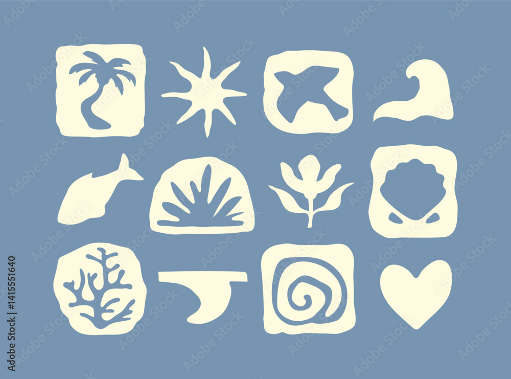 Summer beach hand drawn abstract icon set. Naive groovy tropical symbols: palm, sun, wave, heart, coral. Nature elements in boho style. Isolated retro Surf Club illustrations on blue background. Summer beach hand drawn abstract icon set. Naive groovy tropical symbols: palm, sun, wave, heart, coral. Nature elements in boho style. Isolated retro Surf Club illustrations on blue background.