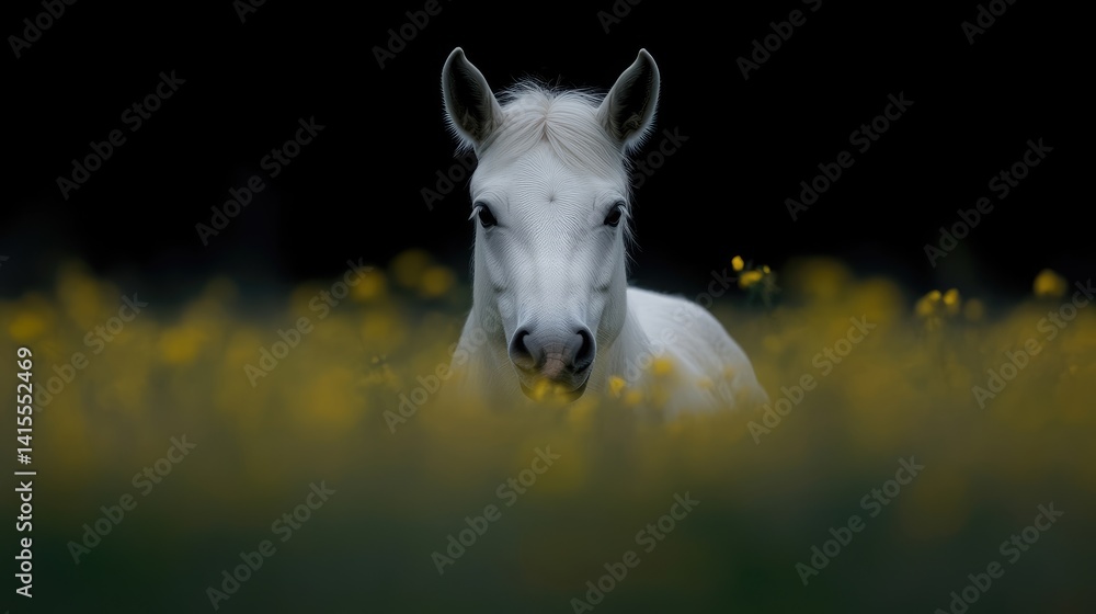 Fototapeta premium Majestic white horse in a field of yellow flowers