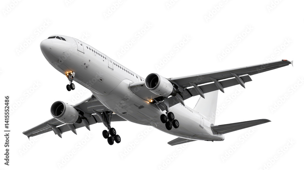 Naklejka premium Soaring Through the Sky: A modern airliner takes flight, showcasing its sleek design and powerful engines against a bright and dynamic background.