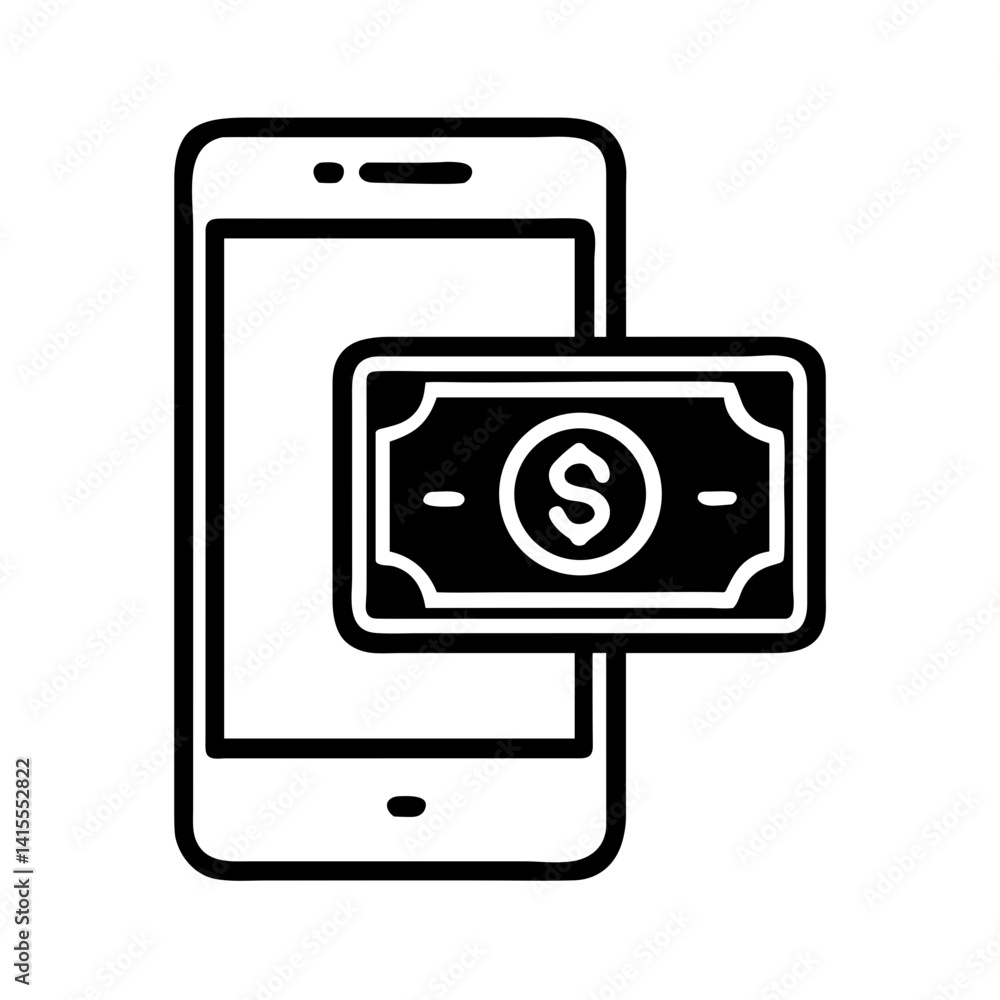 Mobile payment icon with cash in smartphone Mobile payment icon with cash in smartphone