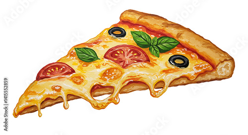 Delicious pizza slice with tomato basil and cheese illustration isolated on transparent background