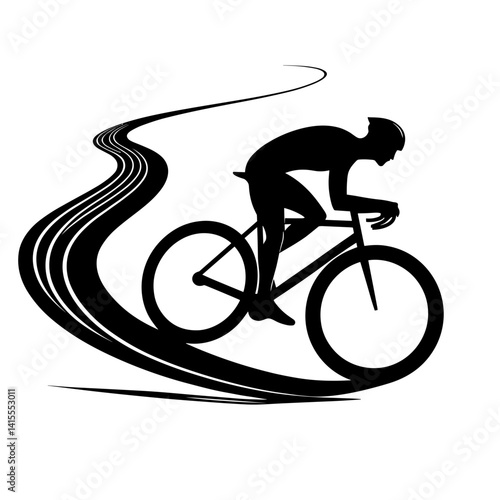 Silhouette of a cyclist riding swiftly on a winding road  