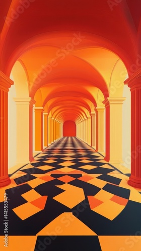 A long arched corridor featuring a checkered pattern leads to a doorway