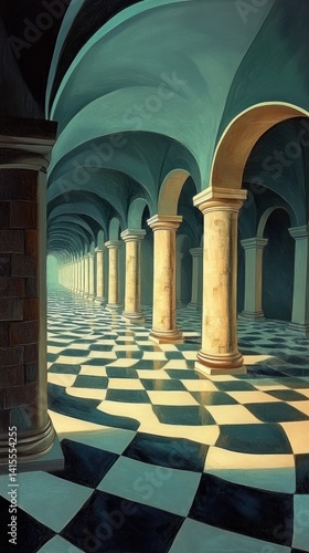 A long corridor displays architectural columns and checkered floor patterns