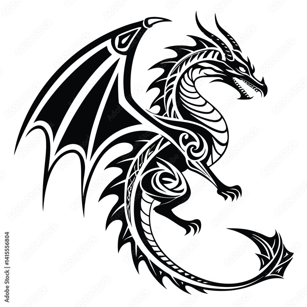Obraz premium Tribal Style Dragon Tattoo Design Black and White Illustration