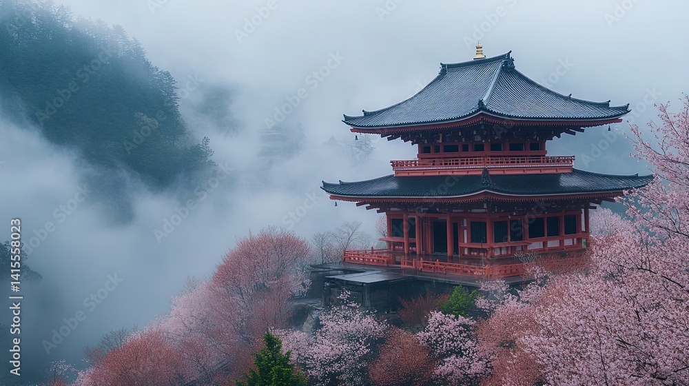 Japanese Temple in Mist and Cherry Blossoms Japanese Temple in Mist and Cherry Blossoms