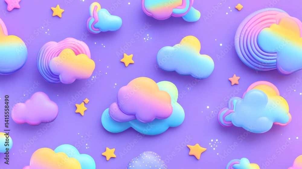 Pastel, colorful, 3D clouds and stars on a purple background. Pastel, colorful, 3D clouds and stars on a purple background.