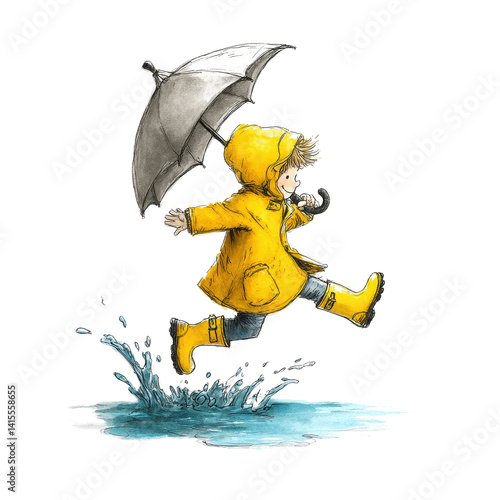 Happy Child in Yellow Raincoat Jumping in Puddle with Umbrella