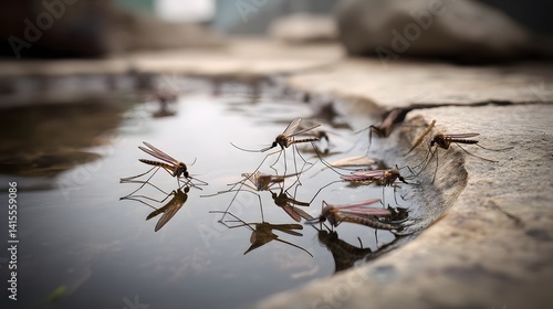 A close up view of mosquitoes gathered around a stagnant pool of water highlighting the risk of disease transmission in such environments