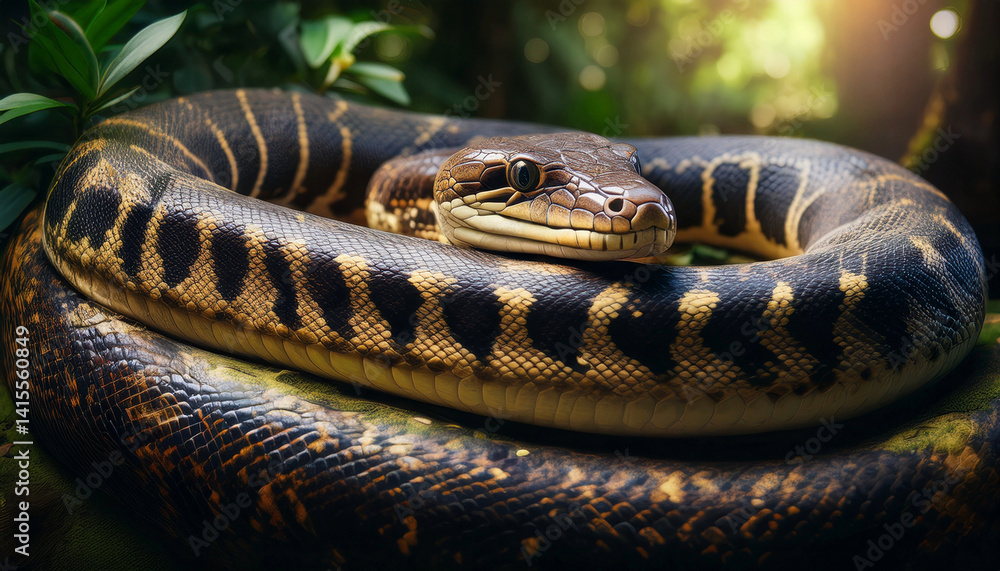 Fototapeta premium Beautiful snake lying in the sunshine warming itself up with a pretty nature background