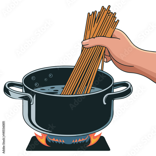 cooking spaghetti boiling water pan isolated vector illustration on white background