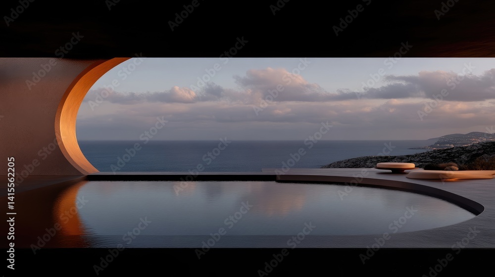 Obraz premium Coastal modern infinity pool with panoramic ocean views. Curved architecture and outdoor living space