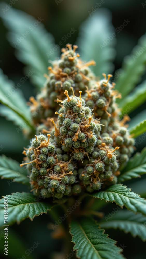 A close-up image of a cannabis flower with dense buds and bright trichomes. A close-up image of a cannabis flower with dense buds and bright trichomes.