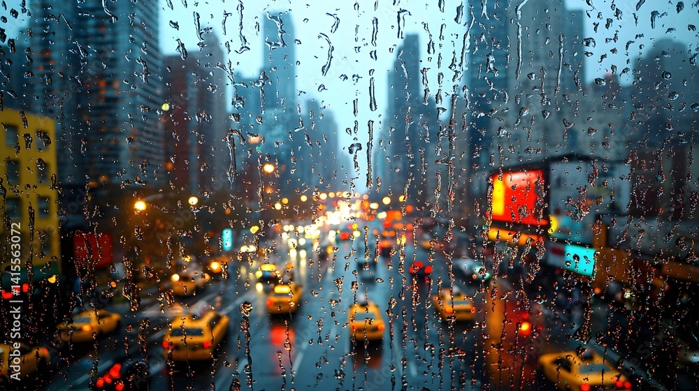 Rainy city street with towering buildings and reflective surfaces Rainy city street with towering buildings and reflective surfaces