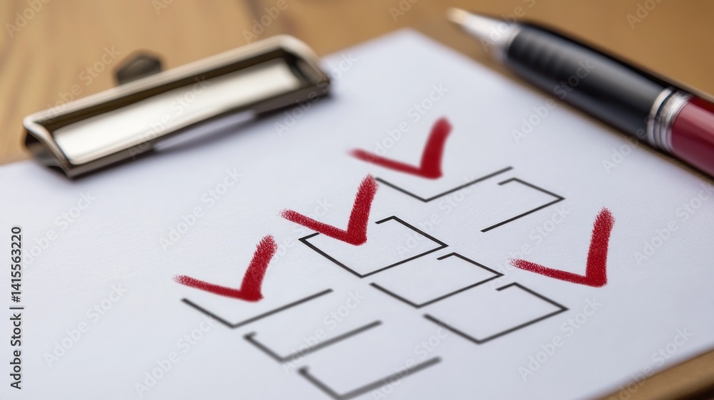Checklist with red checkmarks on clipboard.
