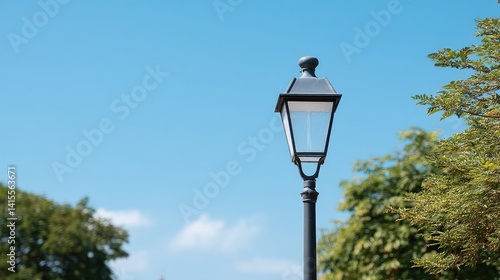 cozy suburban life showcased in close-up of charming street lamp post against clear blue sky