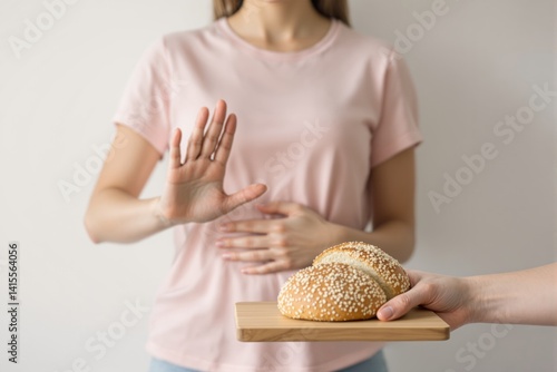 Woman refusing sesame bread with hand gesture, holding stomach, on plain background, expressing gluten intolerance or dietary concern. Ai generative