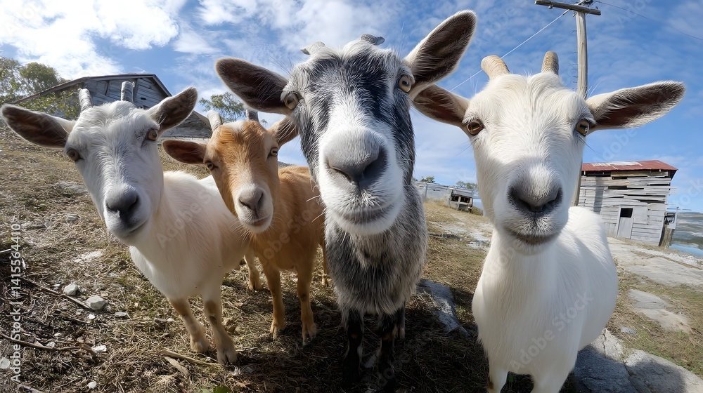 Obraz premium A herd of playful goats gathered on a grassy hillside posing together with curious and mischievous expressions in a selfie style composition
