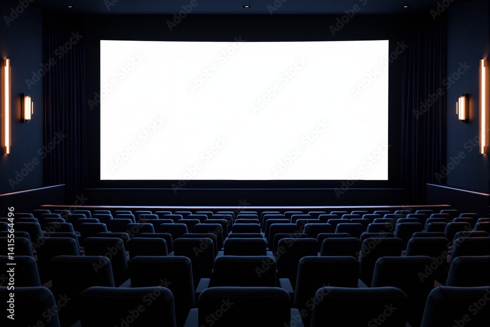 Fototapeta premium Glowing cinema screen with empty rows of seats in a dimly lit theater interior, modern background concept for entertainment or creative atmosphere. Ai generative
