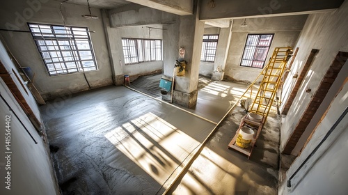 A high angle view of a large open interior space undergoing renovation with a freshly poured concrete floor and plaster work in progress surrounded by construction materials and tools