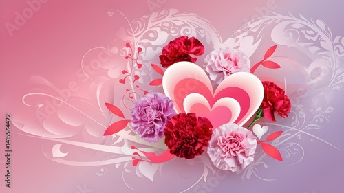 A carnation love illustration drawn on a subtle heart-shaped pattern background. Brightly colored hearts and red or pink carnations are drawn.