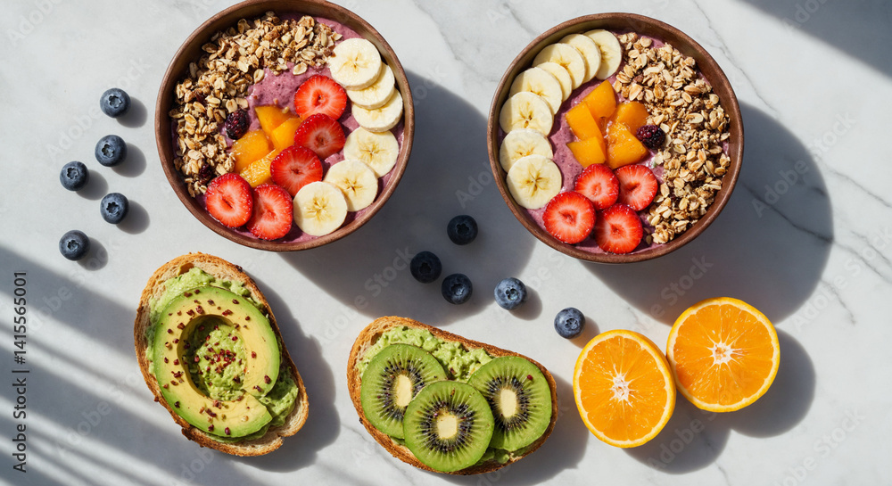 Vegan brunch with smoothie bowls and avocado toast flat lay Vegan brunch with smoothie bowls and avocado toast flat lay