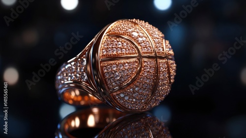 A luxurious championship ring designed in the shape of a basketball, sparkling with diamonds against a dark backdrop