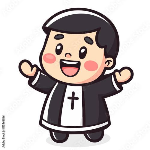 Happy cheerful priest with open arms, holy father preacher cleric, cartoon character clip art, kawaii isolated cute simple vector illustration