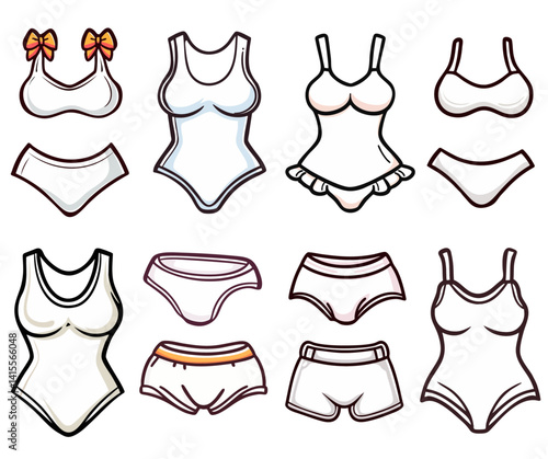 White woman swimsuit or underwear set, bra with bow tie and underpants, summer bikini swimwear, pants collection, hand drawn doodle cartoon clip art, isolated simple vector illustration