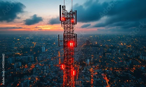 A stunning aerial view of a telecommunications tower at sunset over a vibrant city skyline