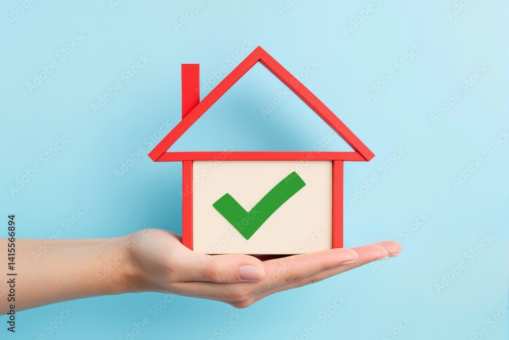 Obraz premium Hand holding symbolic house with red roof and green check mark, minimalist style on blue background. Concept of home approval, safety, real estate. Ai generative