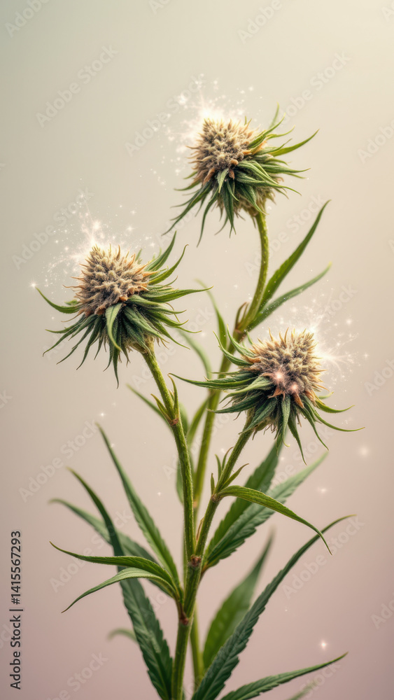 Obraz premium Thick buds of a cannabis plant with a dusting of sparkling trichomes on their surface, illuminated against a soft gradient background.