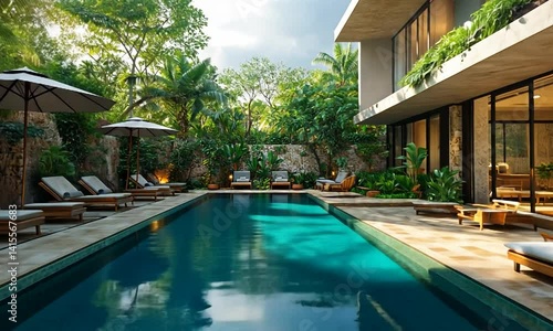 Wallpaper Mural Modern luxury villa with a serene pool surrounded by lush greenery and sun loungers Torontodigital.ca