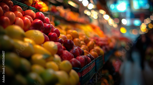 Fresh Produce Showcase: A vibrant array of fresh fruits are displayed on market stalls, creating a feast for the eyes with their variety of colors and textures.