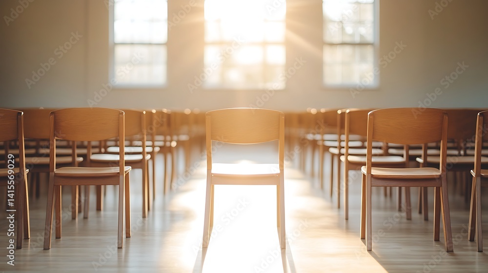 Sunlit empty chairs arranged in rows Sunlit empty chairs arranged in rows