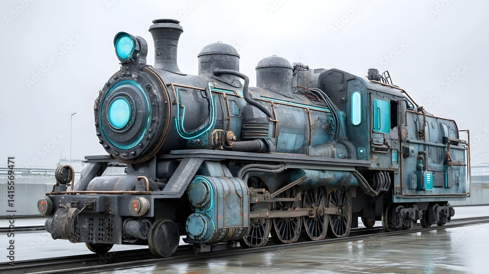 Naklejka premium A steam powered locomotive with a retrofuturistic time engine featuring an array of pipes gauges