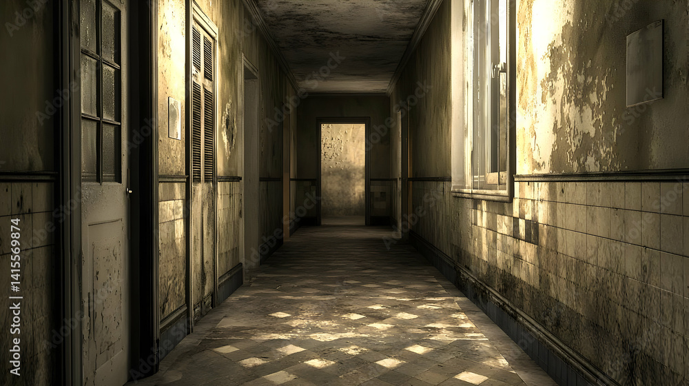 Fototapeta premium Long Abandoned Hospital Corridor