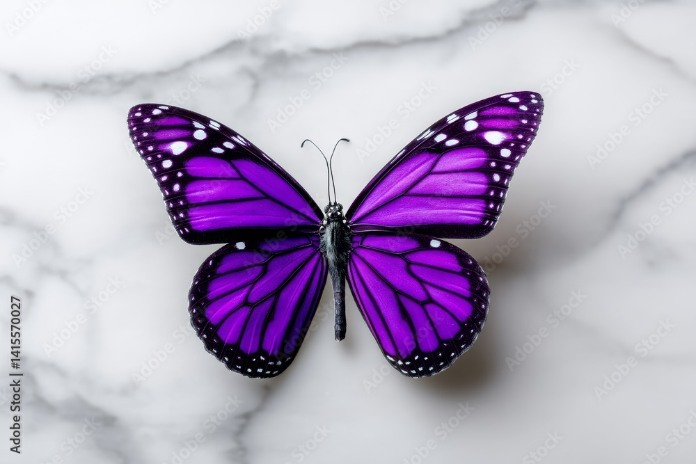 Obraz premium Purple Butterfly on Marble - A vibrant purple butterfly with intricate details rests gracefully on a sleek marble surface. Symbolizing transformation, beauty, freedom, grace, and serenity