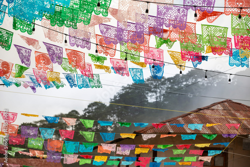 Obraz na płótnie Beautiful Day of the Dead decorations hang in the historic downtown heart of Pinal de Amoles, Querétaro, Mexico. w salonie